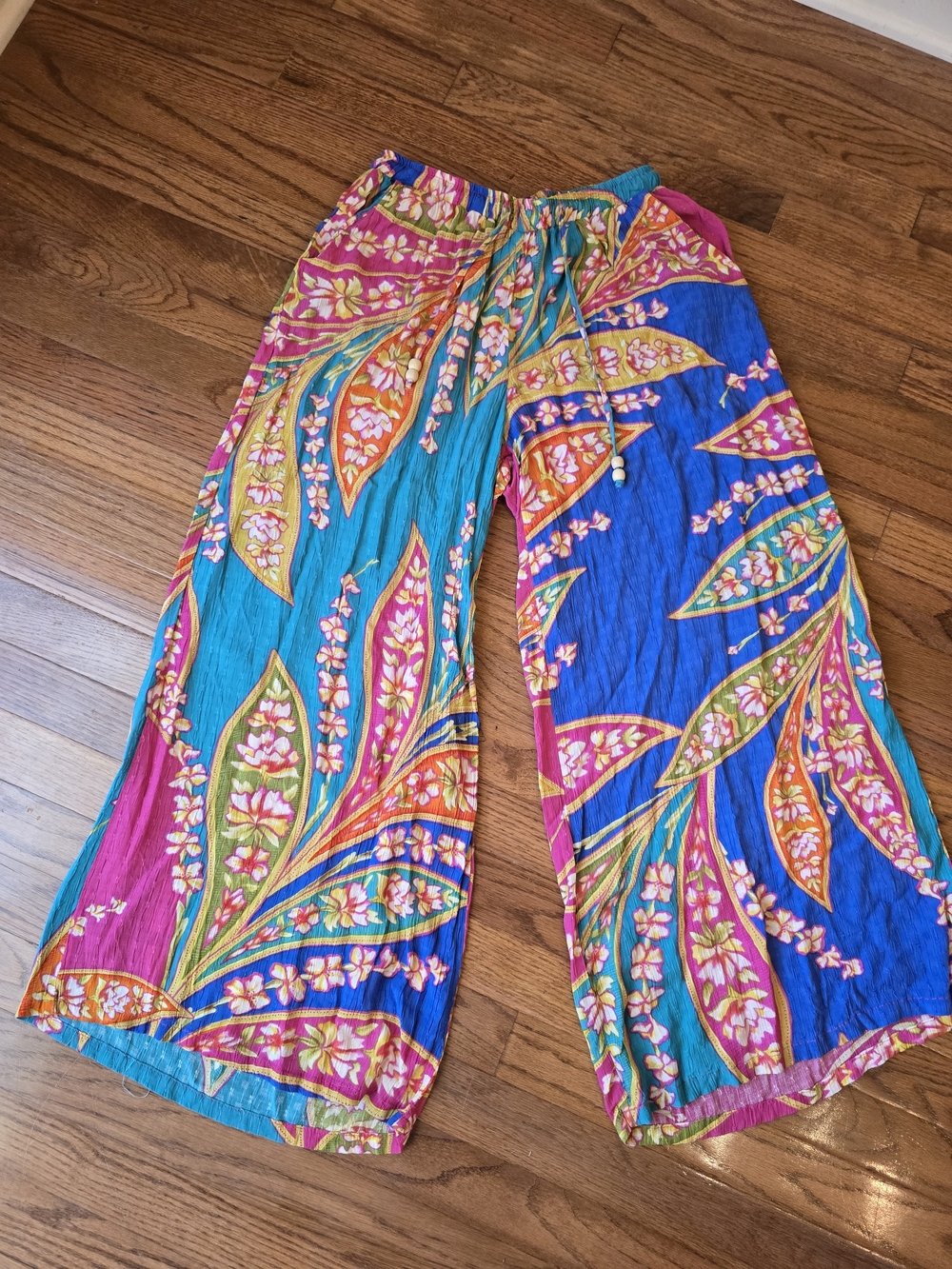Haute Hippie Blue & Pink Wide-Leg Floral Boho Palazzo Pants With Pockets Size XS